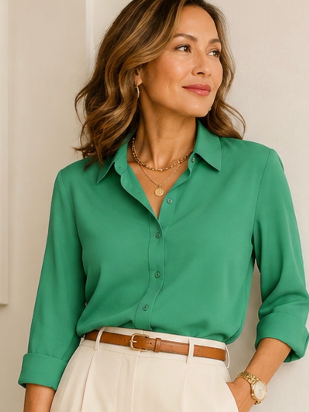 Coldwater Creek Kelly Green No-Iron 3/4 Sleeve Button Down Blouse Size Medium M